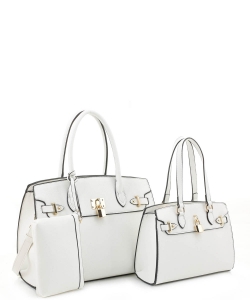3In1 Plain Key Lock Design Tote Bag with Bag Set US-30067 WHITE